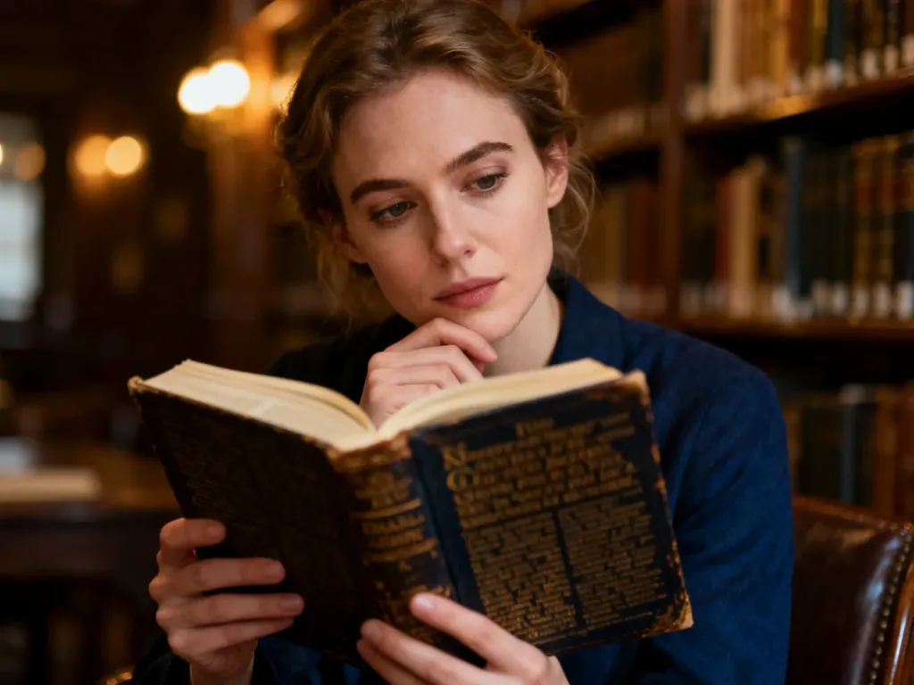 Kobieta w przytulnej bibliotece przegląda zabytkowy słownik, szukając znaczenia słów w atmosferze skupienia.