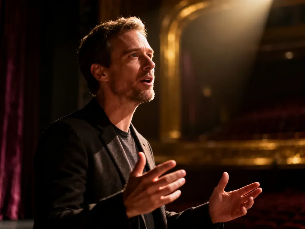 Mężczyzna na scenie w dramatycznym oświetleniu, gestykulujący podczas przemowy w teatralnej scenerii.