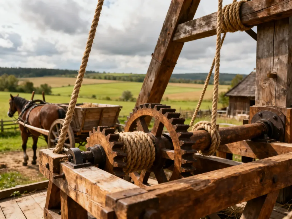 Tradycyjny drewniany kierat z widocznym mechanizmem przekładni zębatych na tle wiejskiego krajobrazu.