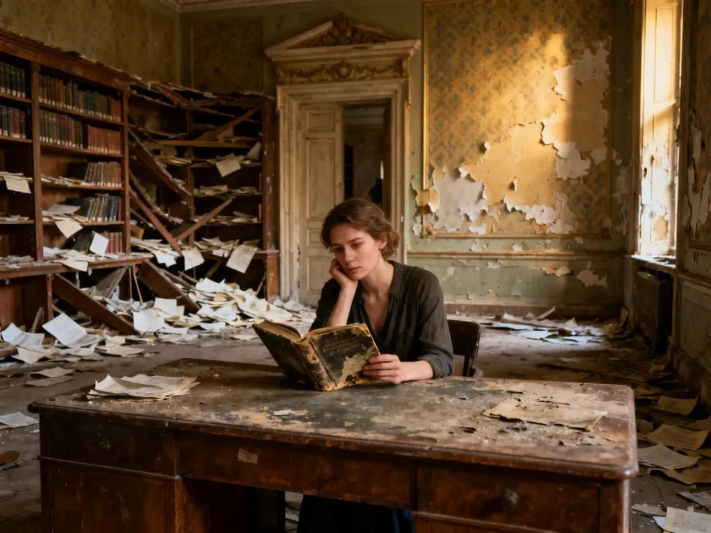 Kobieta siedząca przy biurku w niszczejącej, wiktoriańskiej bibliotece, ilustrująca pojęcie degrengolady.