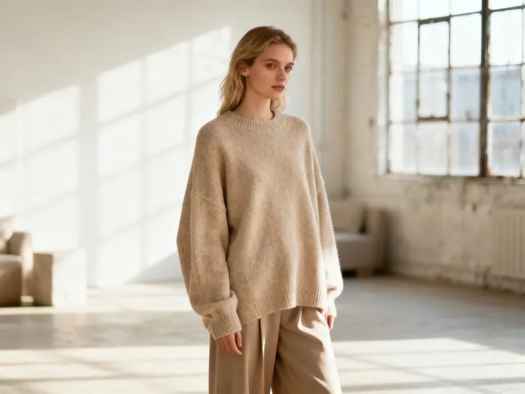 Kobieta w beżowym swetrze typu oversize i szerokich spodniach, prezentująca stylizację w duchu mody loose fit.