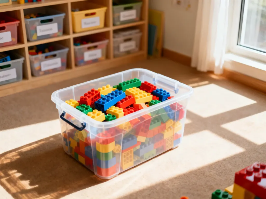 Przezroczysty pojemnik z kolorowymi klockami LEGO na uporządkowanej podłodze w pokoju dziecięcym.