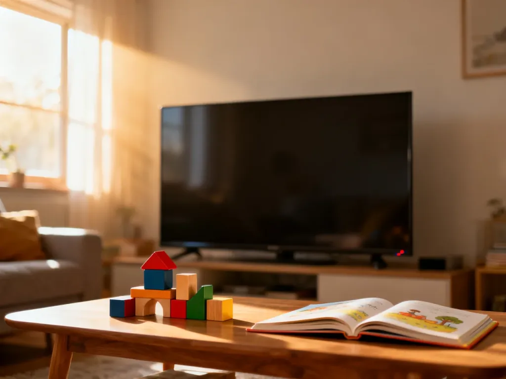 Wyłączony telewizor w salonie, przed którym na stoliku leżą klocki i otwarta książka, zachęcające do kreatywnej zabawy.