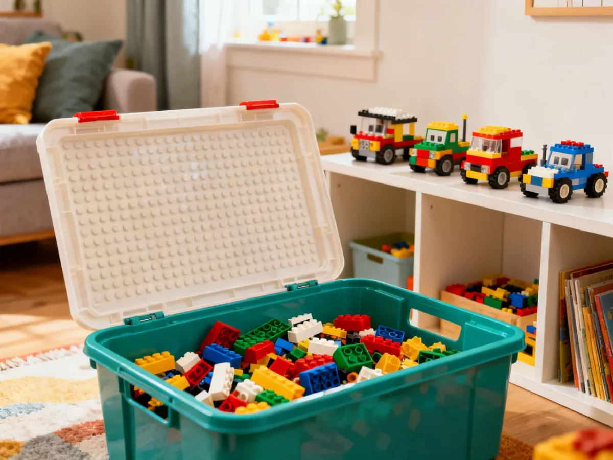 Duże pudło bieżące z luźnymi klockami LEGO obok gotowych budowli na półce