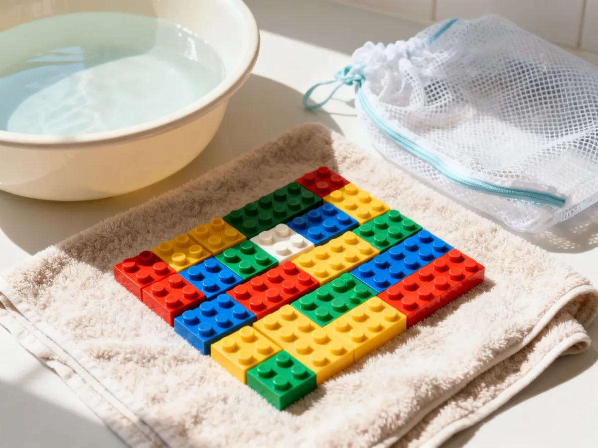 Klocki LEGO suszące się na ręczniku po delikatnym myciu