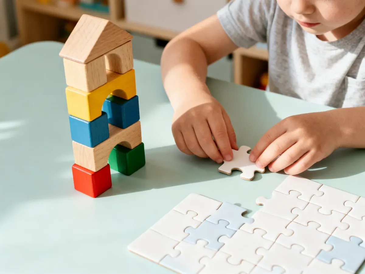 Dziecko układające klocki i puzzle rozwijające precyzję dłoni