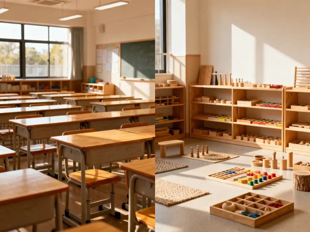 Porównanie klasycznej sali lekcyjnej z uporządkowanymi ławkami oraz otwartej przestrzeni Montessori z pomocami edukacyjnymi.