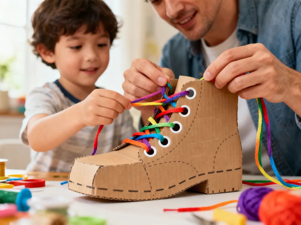 Dziecko ćwiczące wiązanie na kolorowym tekturowym modelu buta