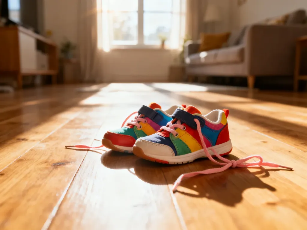 Kolorowe dziecięce buty z rozwiązanymi sznurowadłami na drewnianej podłodze, gotowe do nauki wiązania.