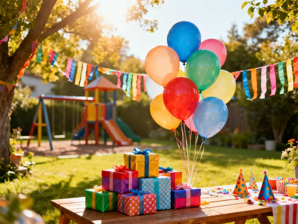 Kolorowe prezenty i balony w ogrodzie, przygotowane na radosne przyjęcie urodzinowe dla dziecka.