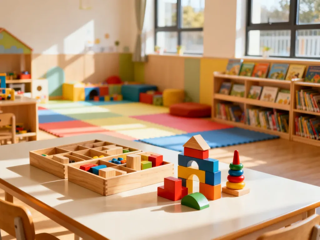 Nowoczesna, kolorowa sala przedszkolna z edukacyjnymi zabawkami, zachęcająca przyjazną i ciepłą atmosferą.