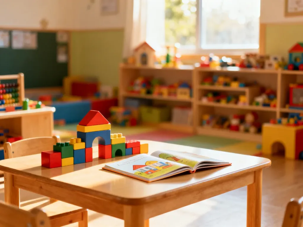 Przytulna i kolorowa sala przedszkolna z klockami oraz książką, zachęcająca dzieci do nauki i zabawy.