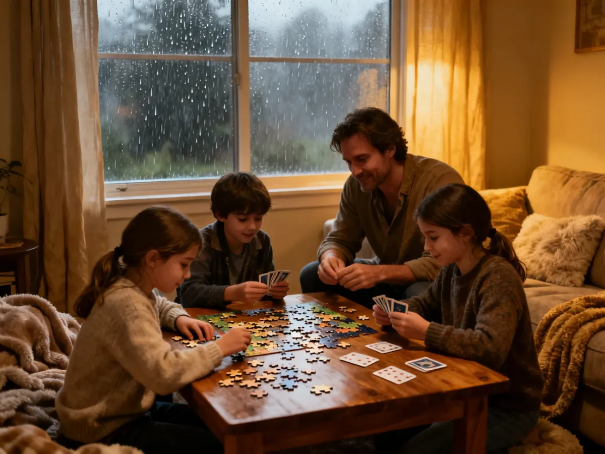 Rodzina spokojnie układająca puzzle i grająca przy stole